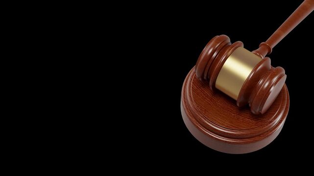 Detailed close-up of a wooden gavel on black, suitable for 3D renders or keying in legal-themed animations