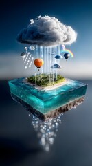 A dreamy conceptual floating island resembling a cloud, surrounded by weather instruments and raindrop rainbows in a bright blue setting.