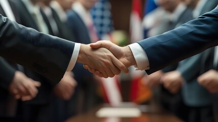 International delegates celebrate collaboration and commerce as they shake hands over a signed free trade agreement.