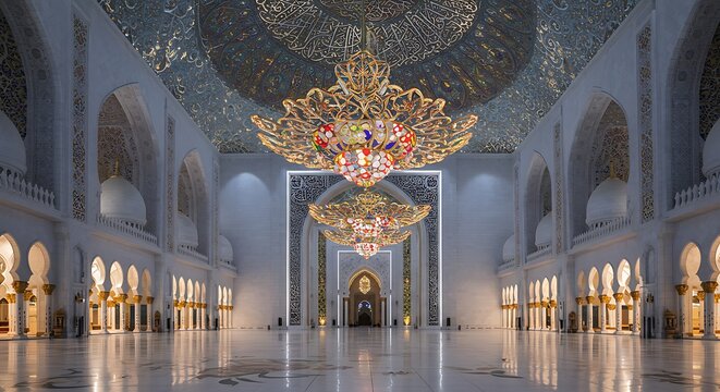 Majestic interior of a grand mosque prayer hall with magnificent chandeliers and ornate Islamic architectural details. - Powered by Adobe