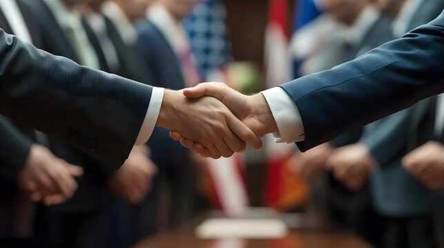 International delegates celebrate collaboration and commerce as they shake hands over a signed free trade agreement. - Powered by Adobe