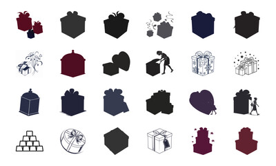 Set of Gift Box and Present Icon Silhouettes with People, Ribbons, Balloons, and Decorative Designs in Vector Style