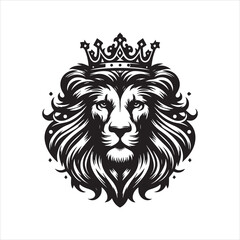 Fototapeta premium Majestic Lion Head with Ornate Crown Detailed Black and White Vector Illustration.