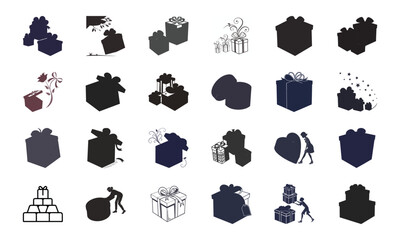 Set of Gift Box and Present Icon Silhouettes with People, Ribbons, Balloons, and Decorative Designs in Vector Style
