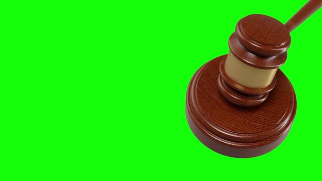 Displays a judge's gavel on a chroma key green background, perfect for video keying and animation in legal themes