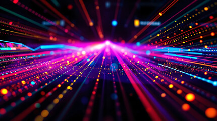 A vibrant, futuristic tunnel of colorful light beams radiating into infinity.