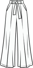 Women’s high waist wide leg trousers with tie belt, fashion flat sketch front view, CAD drawing flat vector illustration