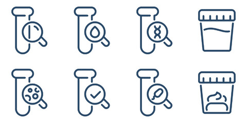 Medical laboratory blood, urine, sperm and stool test editable stroke outline icons set transparent background flat vector illustration.