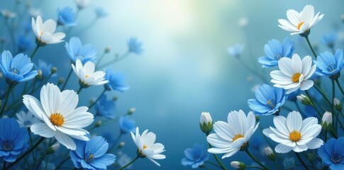 Fototapeta premium Delicate blue and white blooms, lush floral backdrop, celebration, soft, texture