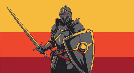 Vector illustration of armored knight in full medieval plate armor holding sword and shield against gradient orange and red background. Representing spiritual warfare.