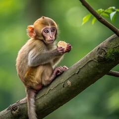 Little Monkey Sitting on Tree and Eating Food, Cute Baby Monkey