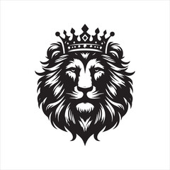 Regal Lion Head with Ornate Crown Bold Black and White Graphic.