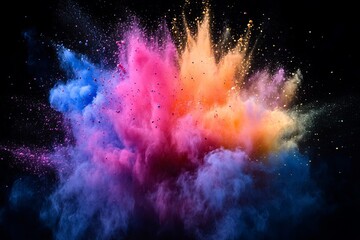 Fototapeta premium Explosion of colorful powder in motion with blue, pink, and orange hues against black background