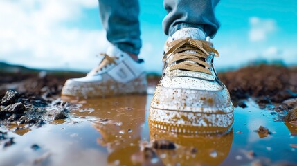 Shoes sneakers mud puddle dirty wet white footwear outdoor street walk splash jeans fashion lifestyle urban closeup adventure for trendy messy grunge environment and journey concepts
