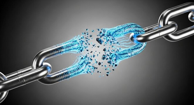 Dynamic digital chain link shattering with glowing blue binary code, concept of data breach or cybersecurity.