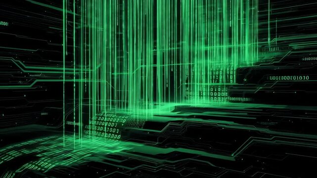 Abstract animation with green digital code flowing, creating a virtual landscape showcasing technology, data streams, and binary code