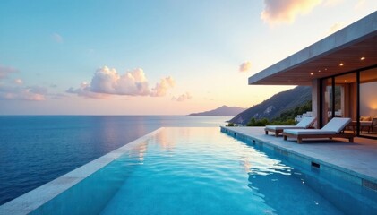 Fototapeta premium Expansive ocean view, infinity pool, modern architecture, tranquil, home, coastal