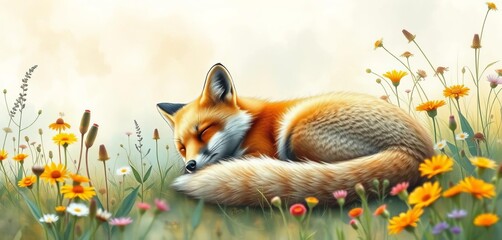 Serene fox naps amidst wildflowers, soft watercolor wash,  dreamy,  spring