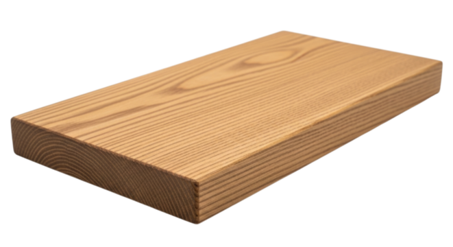 Wooden cutting board with smooth finish, ideal for kitchen tasks or serving, transparent background, cutout PNG