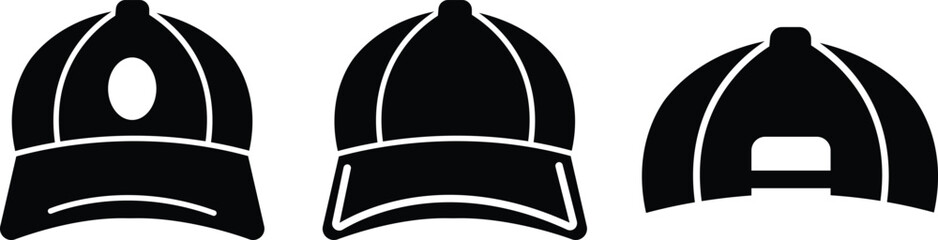 Baseball hat icon set, black vector collection of sports cap group in flat style, headwear fashion accessory symbols, adjustable snapback visor silhouette and outline bundle