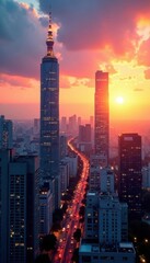 Fototapeta premium Golden hour illuminates Tokyo skyscrapers, vibrant cityscape , buildings, photography