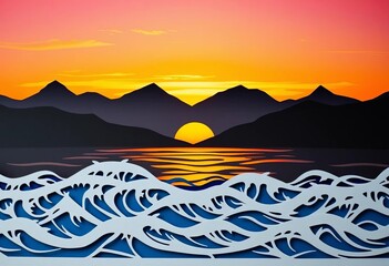Serene sunset silhouettes mountains & ocean waves, intricate paper cut detail, water, calm