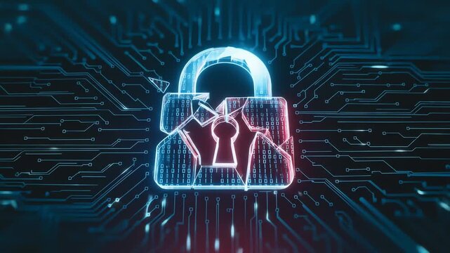 Digital lock shattering into binary code on circuit board, symbolizing data breach, cyber attack, vulnerability, system failure, and digital security