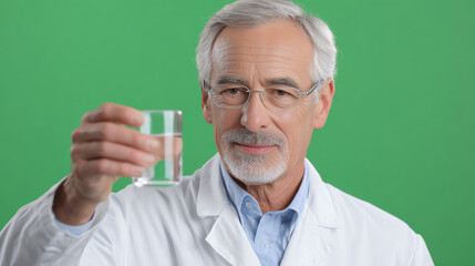 A senior scientist in a lab coat holds a glass of clear liquid, smiling with a confident expression against a green background.