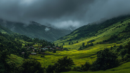 Misty mountain valley featuring lush green rice paddies and a quaint village, serene rural landscape, soft atmospheric lighting, high-resolution.