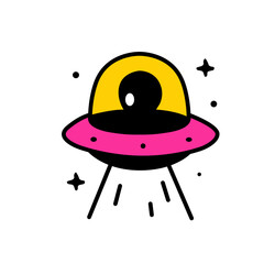 Colorful UFO with Alien Inside. Cartoon Flying Saucer. Alien Spaceship Illustration