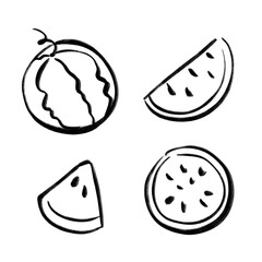 Watermelon doodle illustrations, whole, slice, and half. Summer fruit concept for healthy food, recipes, and decoration on transparent background.
