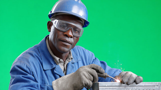 A skilled male welder in protective gear works on metal, showcasing precision and dedication in his craft.