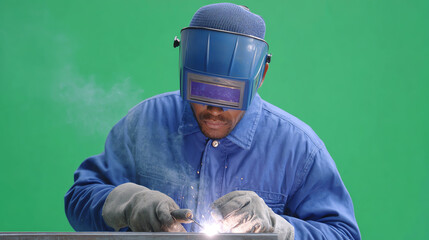 A skilled worker engages in metal welding, showcasing focus and expertise, with protective gear and tools in a controlled environment.