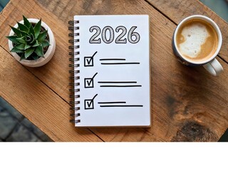 2026 New Year's Resolution Checklist Notebook with Coffee and Succulent on Wooden Table isolated on White Background