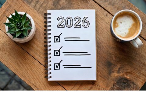 Plan your future success with a 2026 checklist and coffee on a rustic wooden table