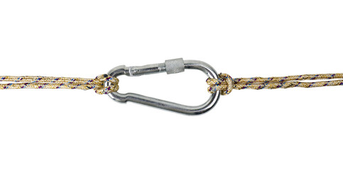 metal carabiner attached to a sturdy rope on a white surface