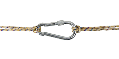 metal carabiner attached to a sturdy rope on a white surface