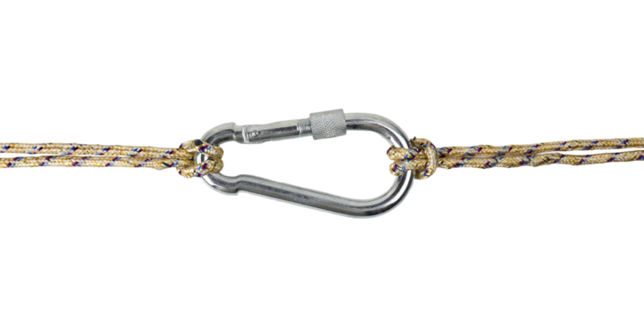 metal carabiner attached to a sturdy rope on a white surface