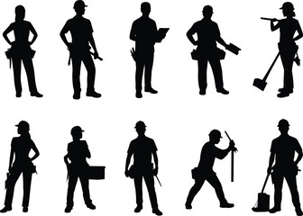 Obraz premium Silhouette construction workers with tools, industrial tradespeople, engineering professionals, skilled labor team, building maintenance crew, repair staff, hard hat safety illustration