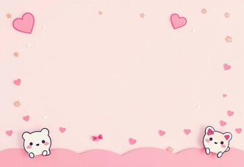 Soft pink and lavender pastel background with cute kawaii anime characters, hearts, and stars, pink, playful