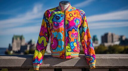 Vivid Bomber Jacket with City Backdrop Colorful Outerwear with Floral Patterns and Contemporary Urban Style