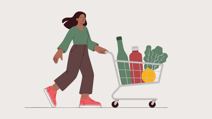 Woman Pushing Grocery Cart Filled with Bottled Drinks, Leafy Greens, and Yellow Fruit Illustration