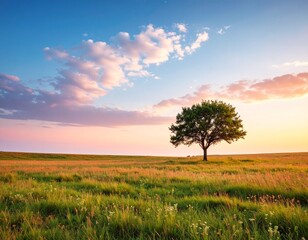 Fototapeta premium Photorealistic Image of a Single Tree in a Grassy Field at Sunset