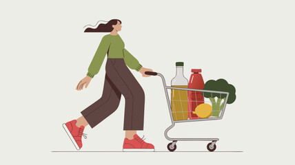 Woman with Shopping Cart Full of Groceries Olive Oil, Ketchup, Broccoli, and Lemon