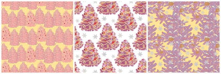 Christmas winter boho pattern. Decorated fir trees and snow-covered branches. Three wallpaper sets for a seasonal holiday print in pastel colors.