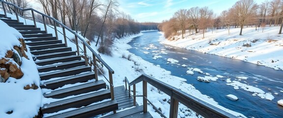 Steep wooden stairs descend to a snow-covered riverbank in a winter park, frosty, pathway