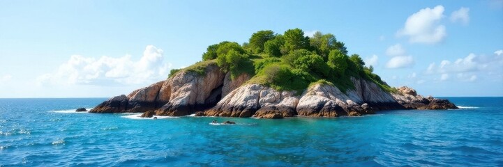 Small island, rocky coastline, sparse vegetation, clear waters , island, ocean view, untouched