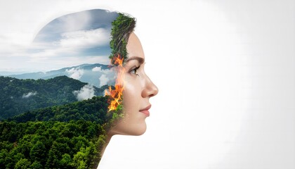 A powerful double exposure portrait of a woman with a forest and sky landscape inside her head. A concept for nature connection, mindfulness, environment, and inner peace.