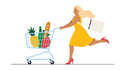 Woman Running with Shopping Cart Full of Groceries in Yellow Dress and Red Heels