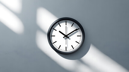 Wall Clock: Minimalist wall clock displaying the passage of time, with shadows dancing across a subtle gray background. This image evokes a sense of calmness, reminding of the importance of time.